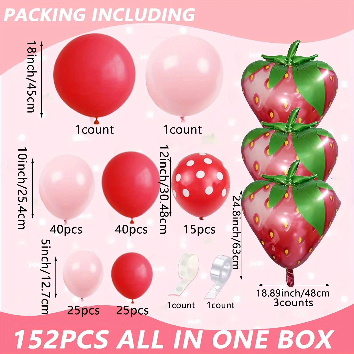 152pcs Strawberry Balloon Garland Set,suitable for Birthday, Wedding, Anniversary, Graduation Ceremony Indoor/outdoor Decoration