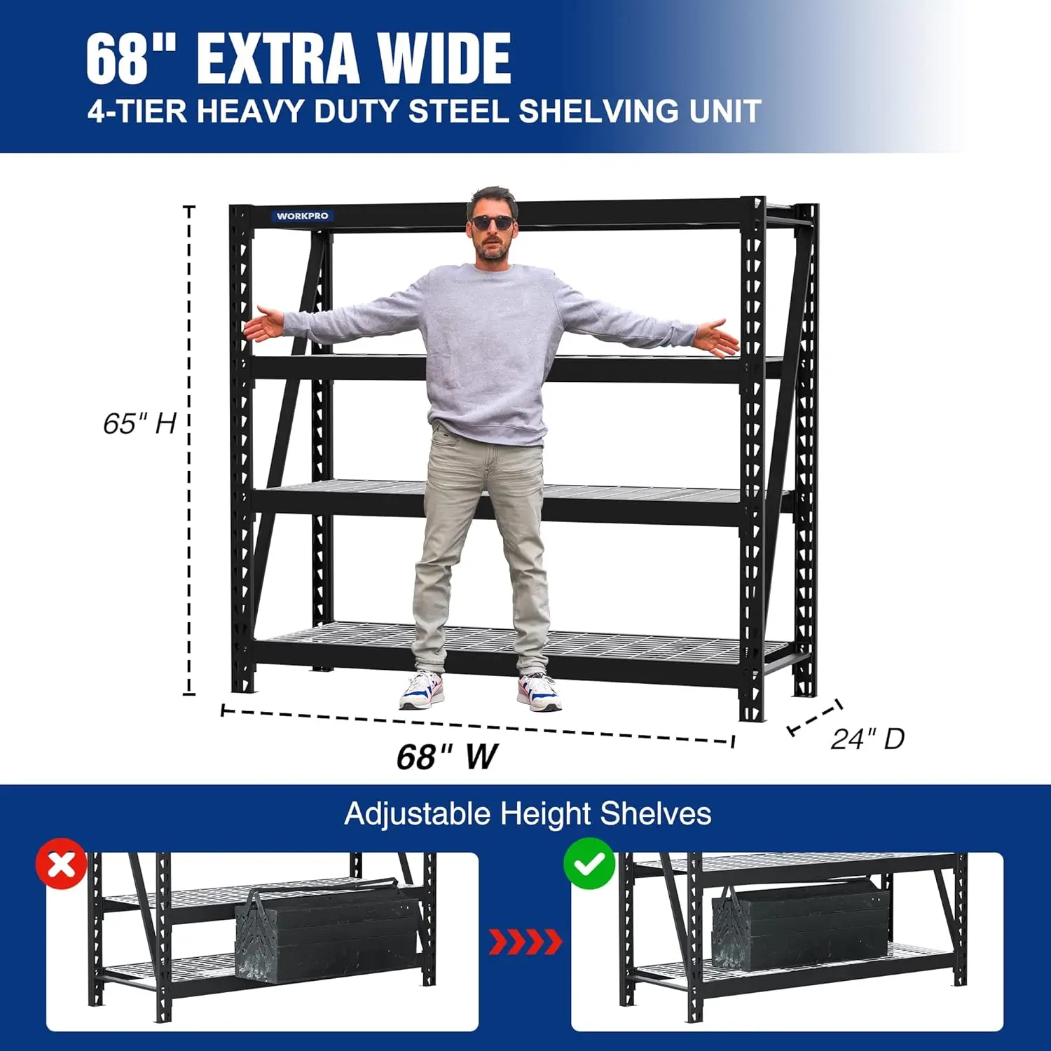 Wide 4-Tier Metal Garage Shelving Unit, 68