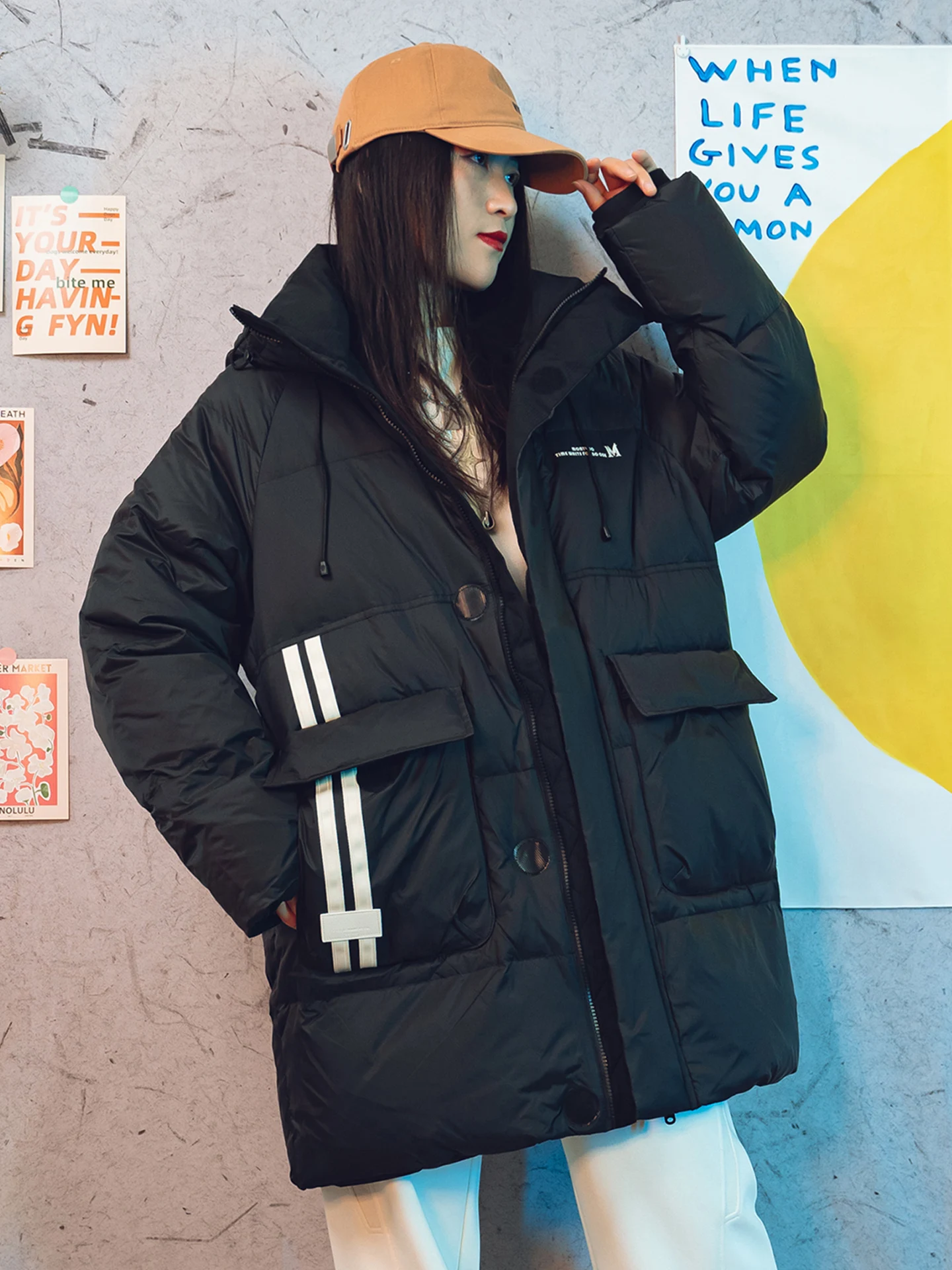 

Женское свободное зимнее пальто Du down Jaet с геометрическим узором и капюшоном средней длины для колледжа, большие размеры