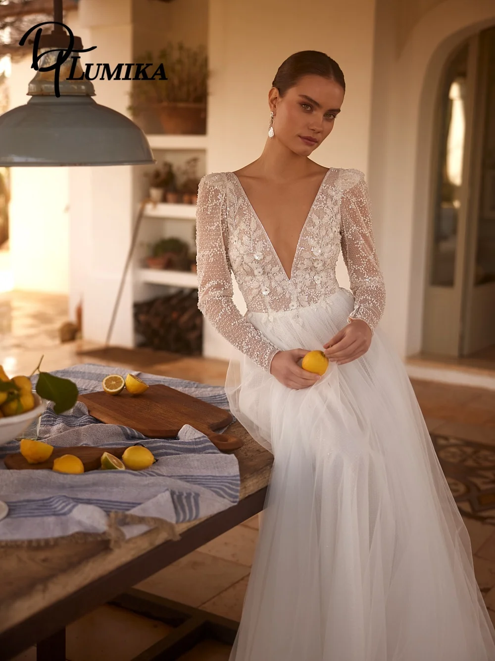 

Romantic Deep V Wedding Dress Elegant Long-Sleeved A-Line Bridal Gown 2026 Charming Lace Applique Floor-Length Customized