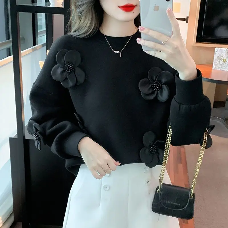 Temperament loose o neck three-dimensional flower sweatshirt women autumn and winter new loose and slimming pullover sweatshirt