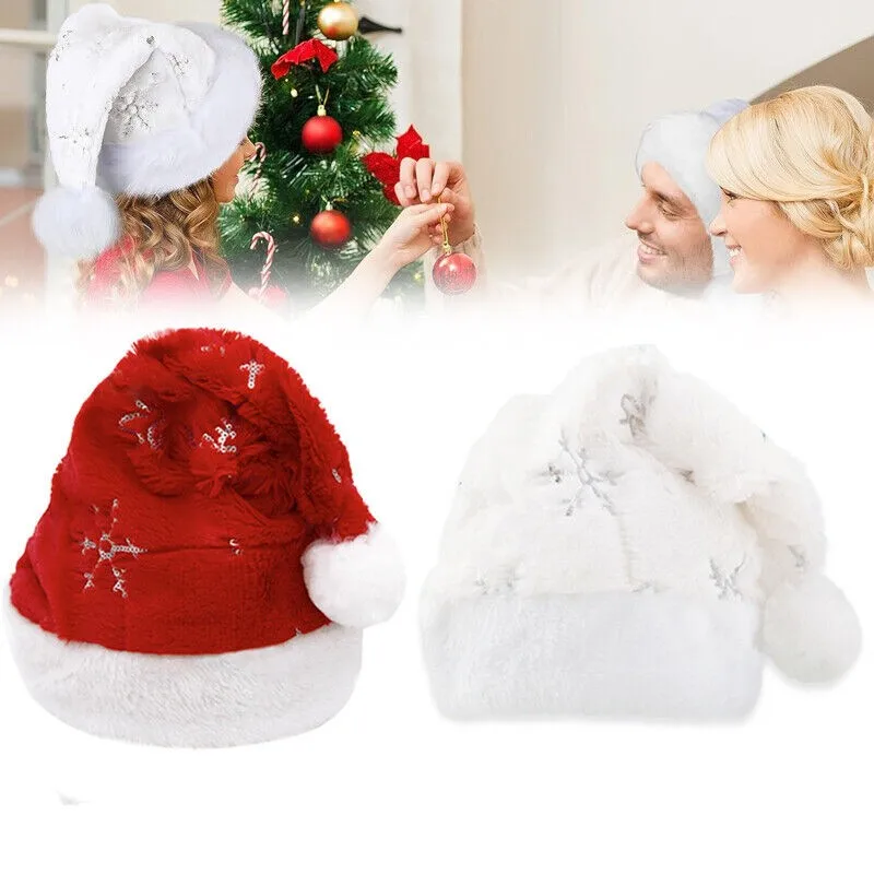 Plush Christmas Hat For Women Red White Xmas Hat Adults Kids Christmas Decorations Winter Warm Hat Caps Home Santa Claus Gift