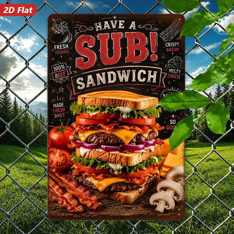 2D Metal Sign Wall Art Sandwich Theme Retro Kitchen Decor Round Corners 4 Holes Easy Hanging Durable Windproof 1PC