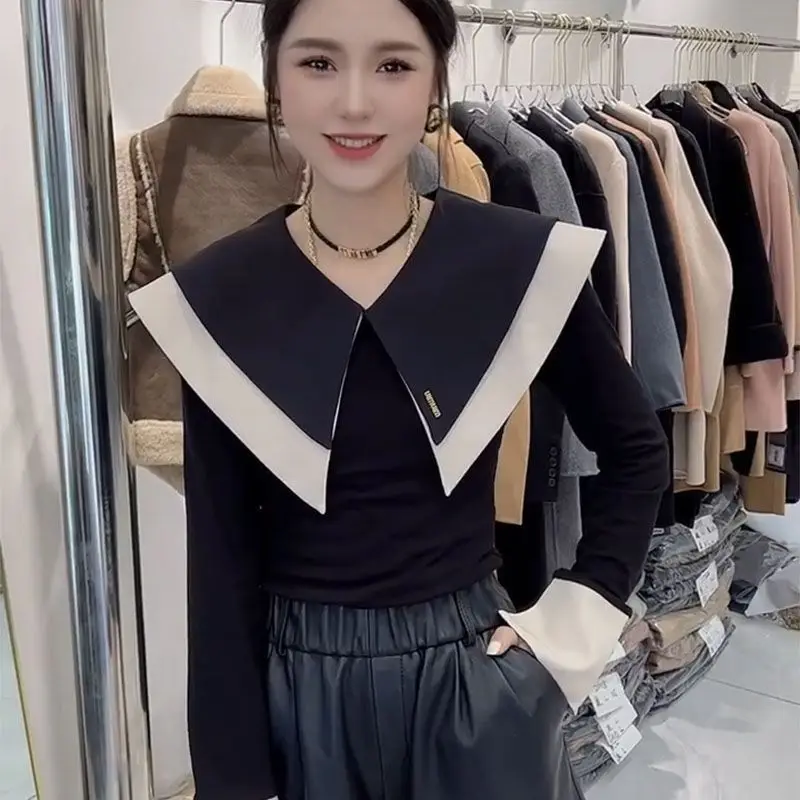 

Korean Mid-length Sailor Collar Women Shirts Loose Blouse Female Pathwork Casual Spring Autumn Pullover Shirt Blouse F157