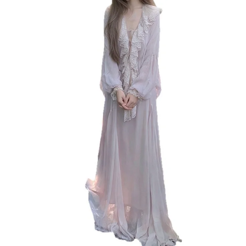 Set coordinato romantico francese da 2 pezzi per donna, camicetta in seta con patchwork in pizzo a maniche lunghe con scollo a V, gonna ultra lunga fino al pavimento