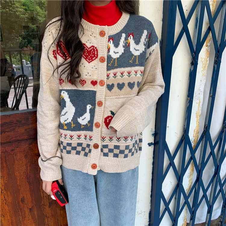 Vintage Casual Loose Love Cardigan Sweater Women\'s Sweaters Japanese Kawaii Ulzzang Female Korean Harajuku Clothing For Women