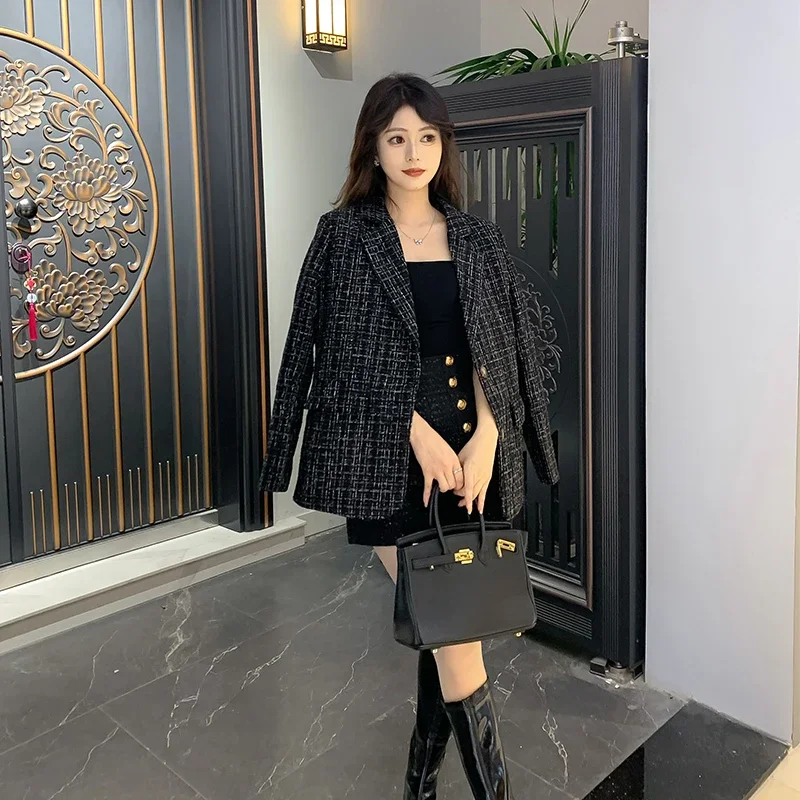 Tweed Oversize Blazer Women\'s Autumn Winter High-end Loose Elegant Woven Black Suit Jacket Female Office Lady Top High Quality