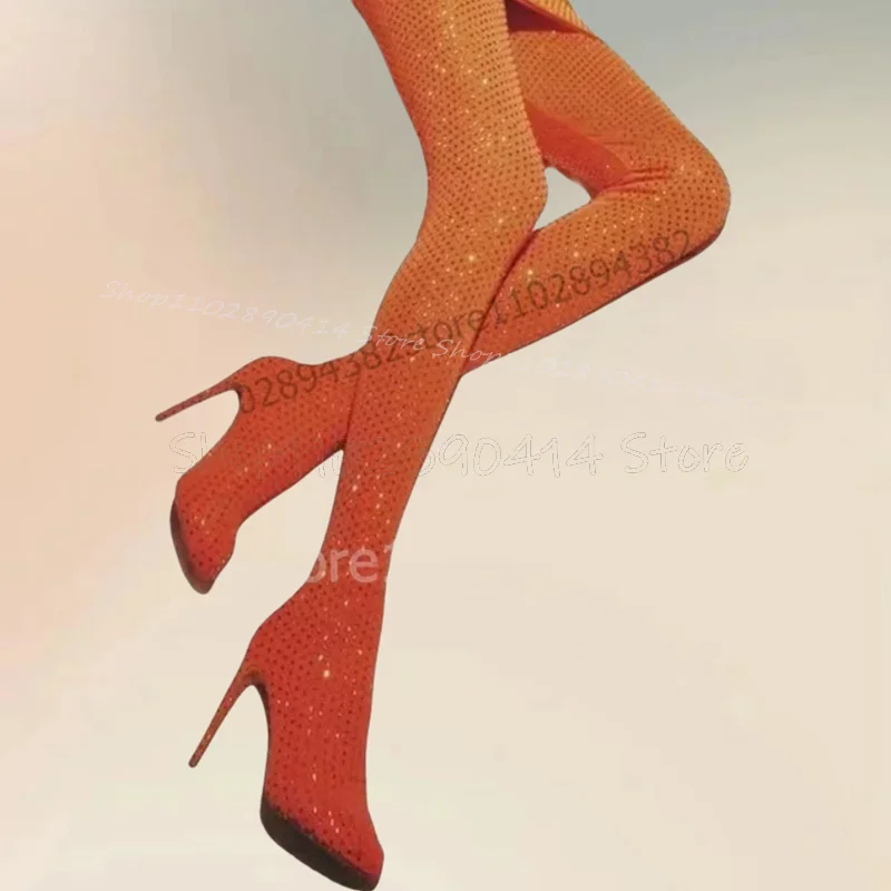 

Rose Red Rhinestone Decor Pointed Toe Boots Slip On Women Shoes Thin High Heels Fashion Party Banquet 2025 Zapatos Para Mujere