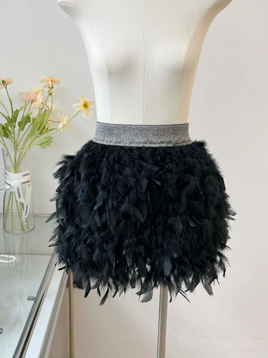 2023 Spring Summer New Fashion Feather Short A- Line Skirt Women Elastic Waist White All-Match Tutu Female Student Mini Skirt