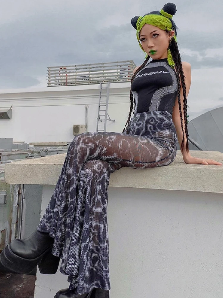 

Printing Black Flare Pants Women Streetwear See Through Mesh Trousers Full Length Pantalones De Mujer Korean Style Y2k Clothes