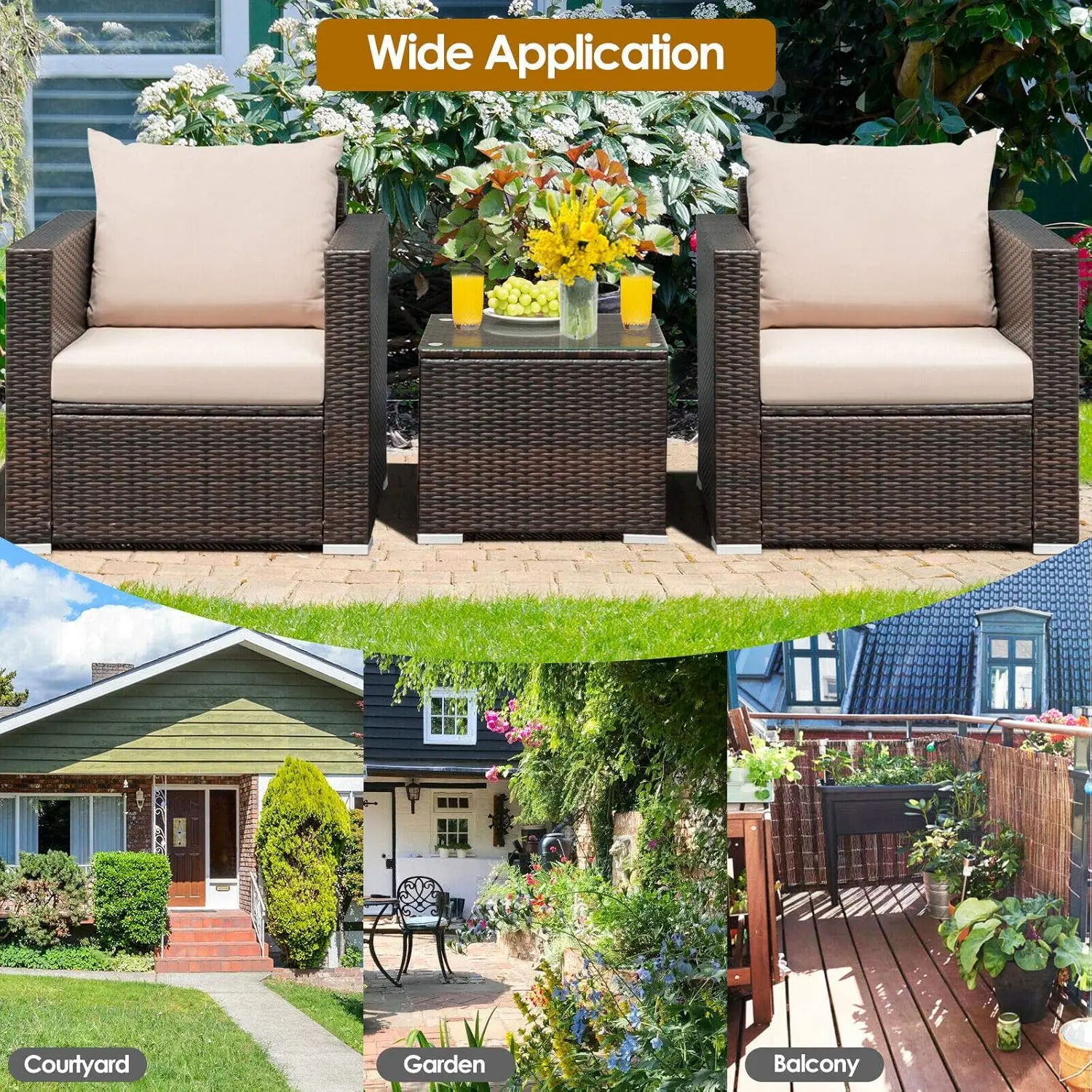 3PCS Patio Furniture Set with Coffee Table Outdoor Rattan Wicker Conversation Sofa Set with Washable Cushions for Garden Poolsid