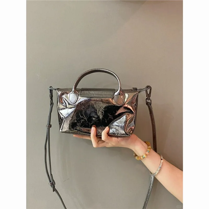 New 2024 cracked dumpling high-end single shoulder niche silver handbag versatile women\'s bag