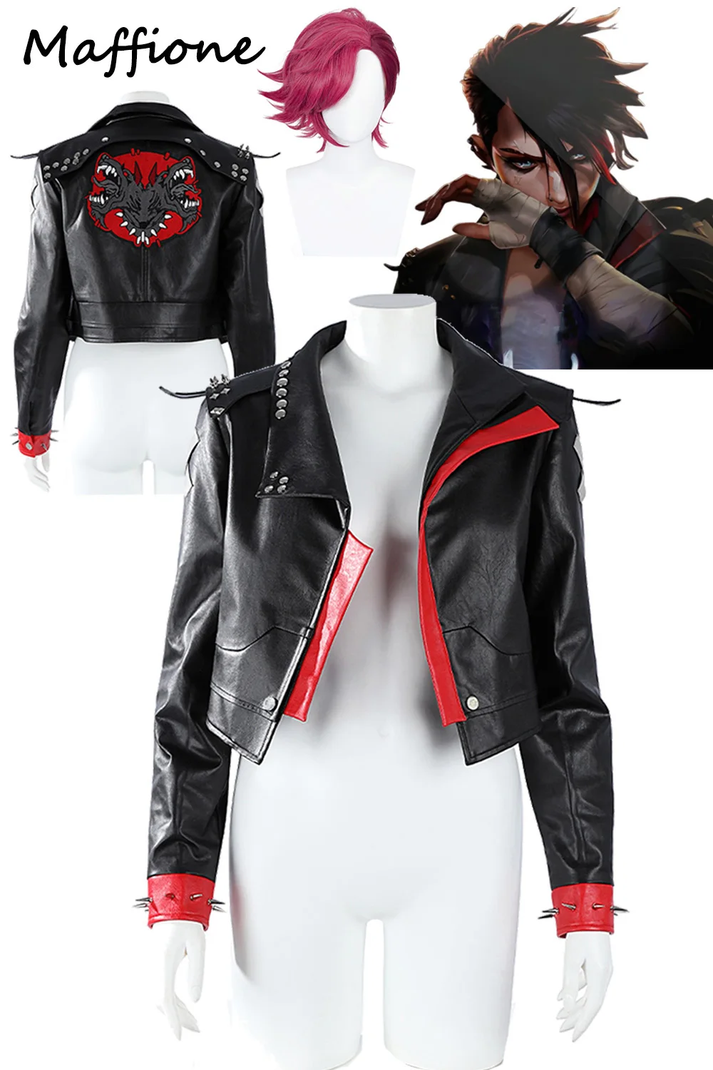 Arcane Vi Jacket Cosplay Arcane 2 Game LOL Costume Women Leather Coat Streetcoat Casual Cool Coat Halloween Party Red Wig Suits