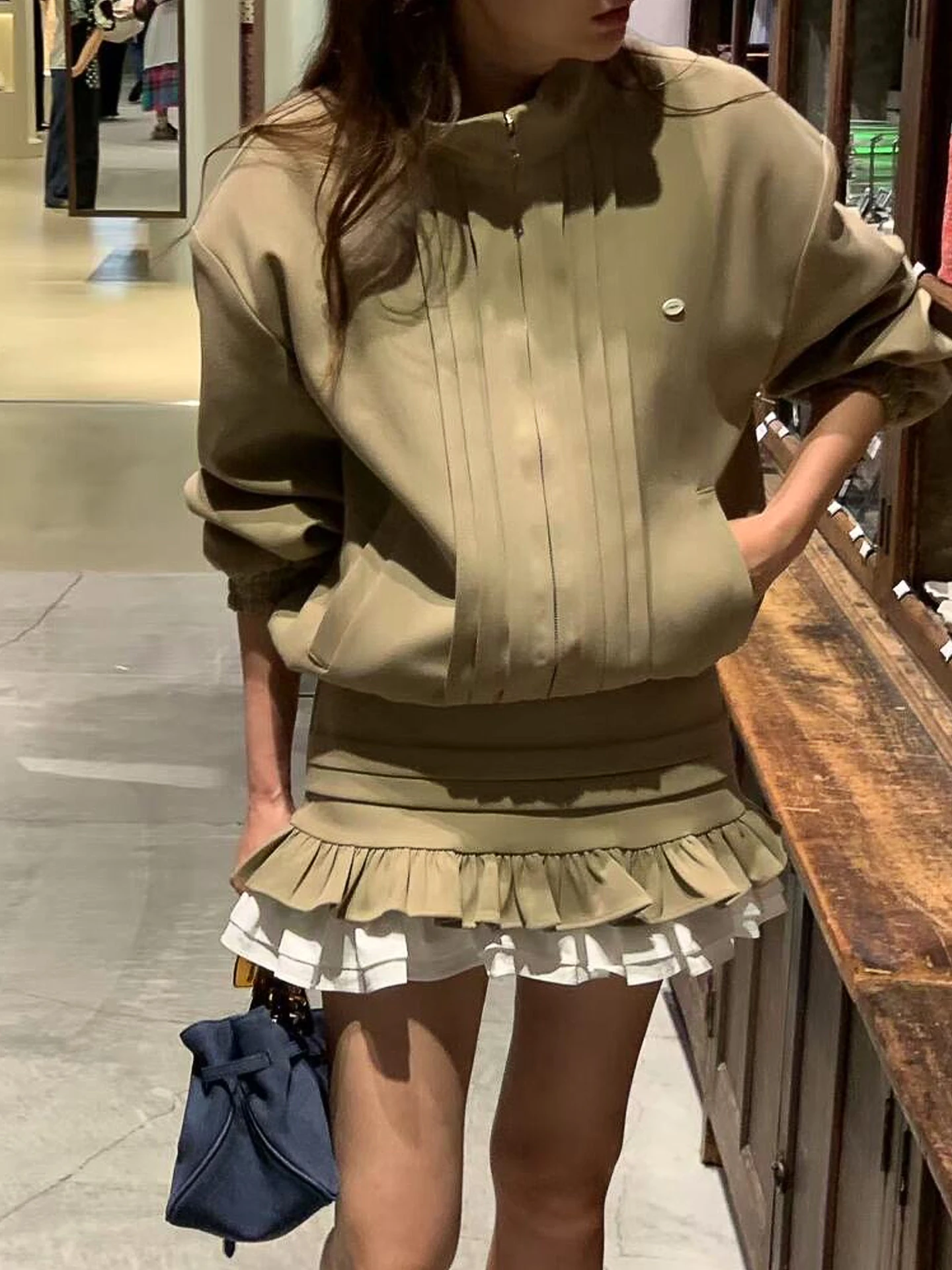 Chic Korean Design Zipper Stand Collar Thickened Slimming Jacket Outerwear Half Skirt Pants Set Winter Spring Autumn Universal