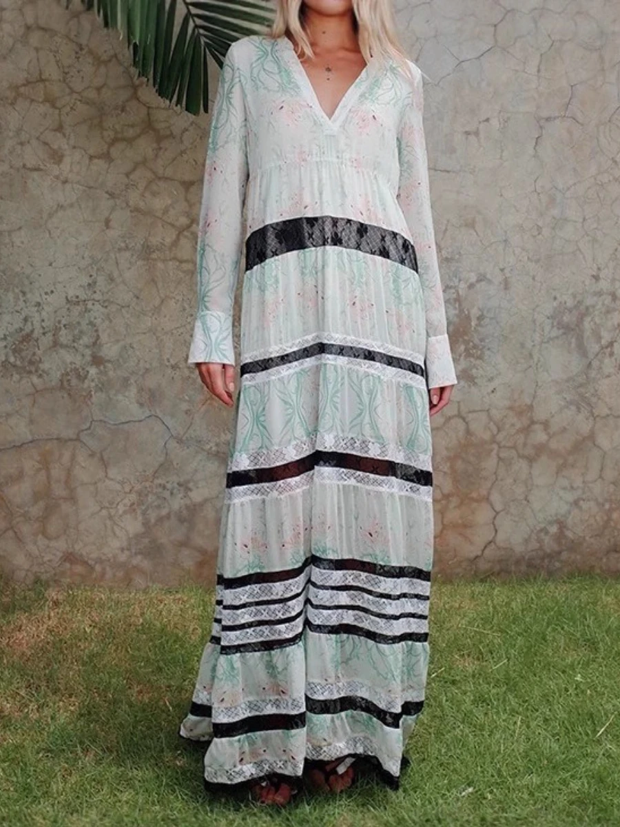 TWOTWINSTYLE Afdrukken Losse Sheer Spliced Lace Casual Jurken voor Vrouwen V-hals Lange Mouwen Mode Jurk Vrouwelijke Kleding Nieuwe