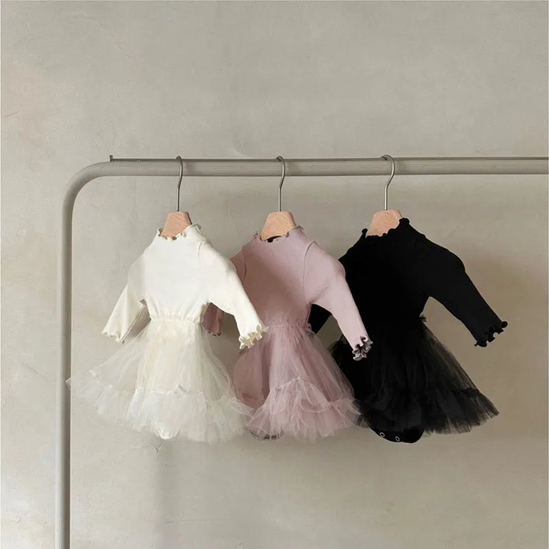 MILANCEL New Spring Girls Dress 0-24M Baby Cute Solid Color Bow Bodysuit Infant Outwear Splicing Mesh Skirt