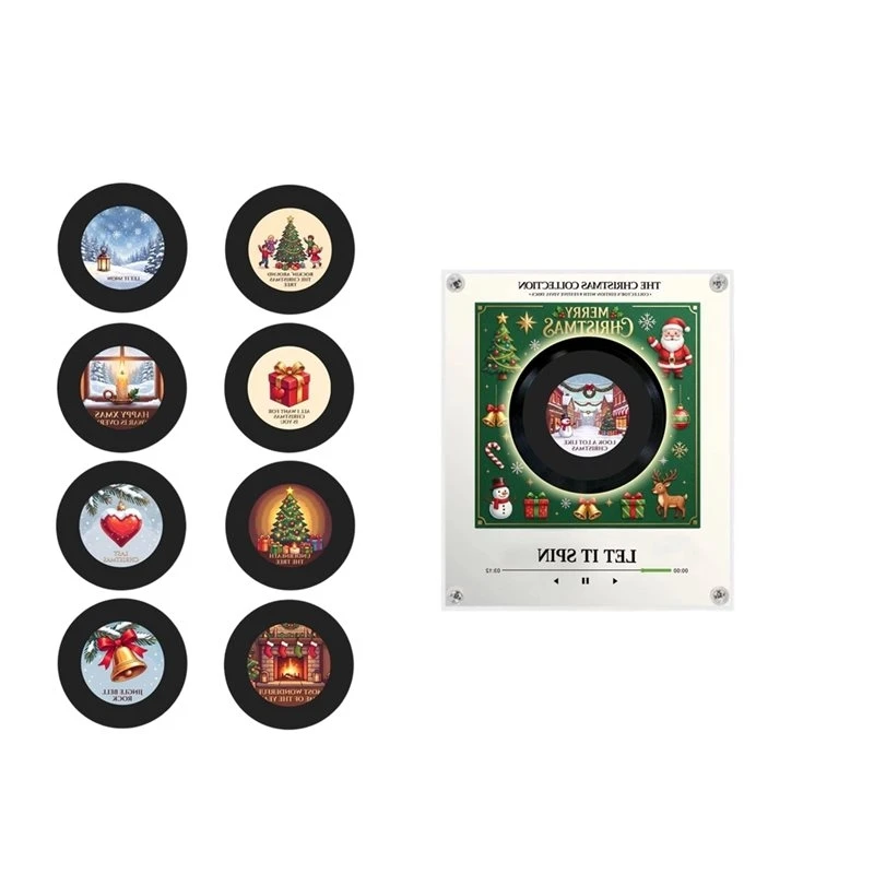 ABHU Christmas Fridge Magnet Touch To Play Magnetic Music Vinyl Record Player Xmas Night Light Built-In LED Fridge Decal