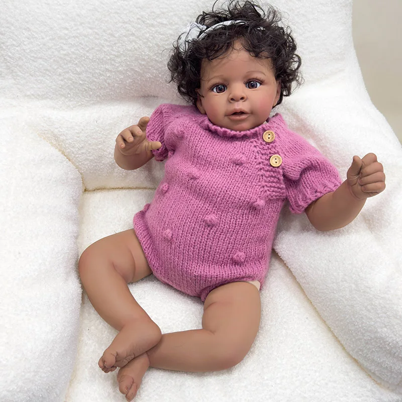 

60cm Soft Body Jaylan in Dark Brown Skin Color Reborn Toddler African American Cuddly Baby Girl Doll Hand-rooted hair