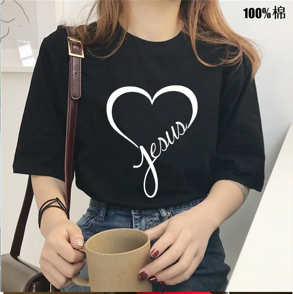 Jesus Heart Print Women T-shirt Christian Tops Harajuku Faith Love Hope Graphic Tees Female T Shirts Casual Tees Camisetas Mujer