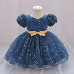 Polka Dot Tulle Girl Dresses Short Sleeve Bow 1 Years Birthday Tutu Evening Party Princess Dress for Baby Wedding Costumes Gown