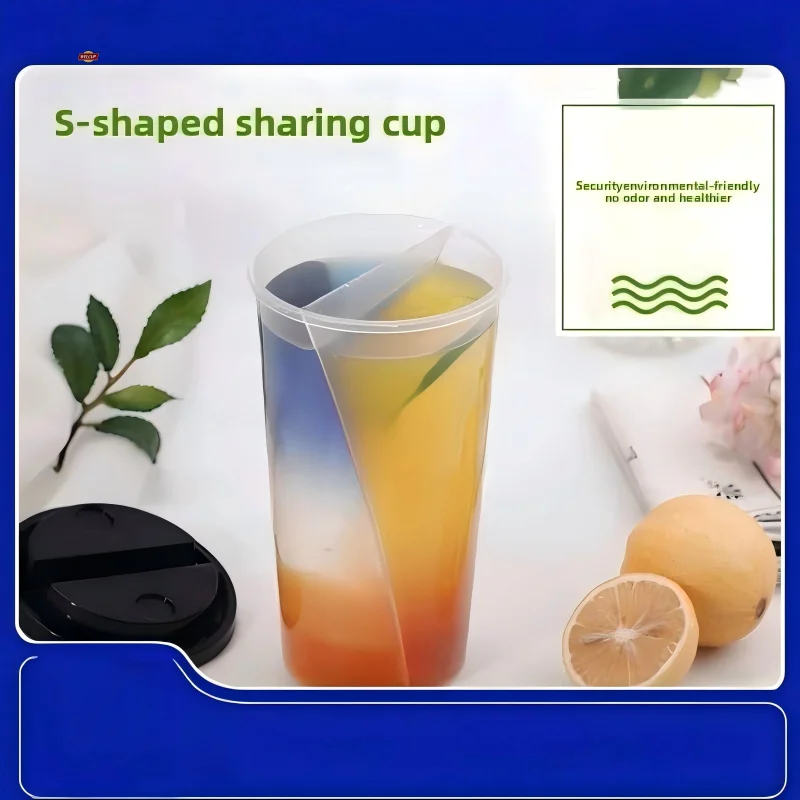custom.16oz 22oz Double Cup Transparent PP Milkshake Cup Boba Tea Plastic Split Twins Cup With Lid