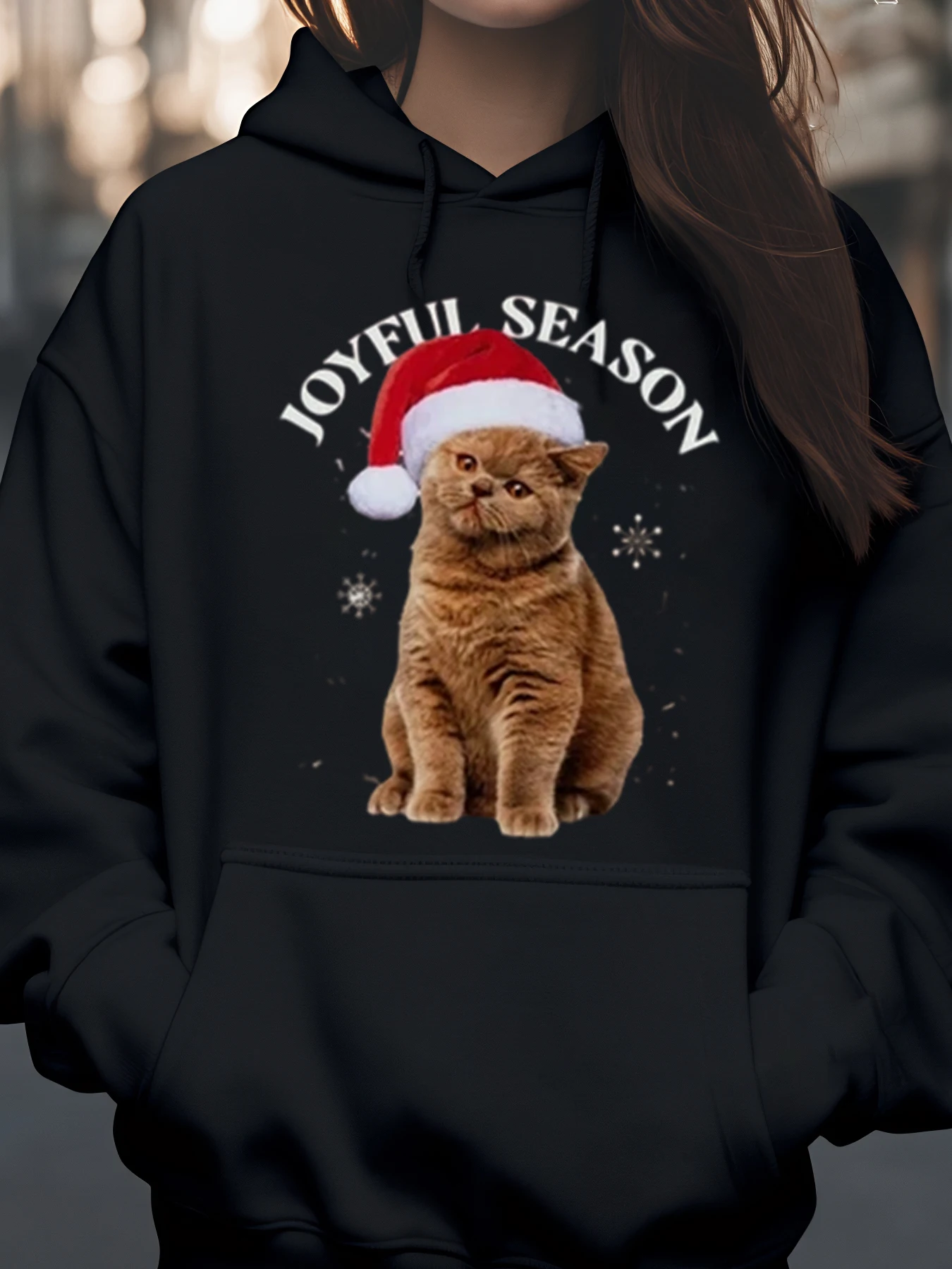 Navidad gato Santa sombrero temporada alegre impresión sudadera con capucha vacaciones ropa casual unisex