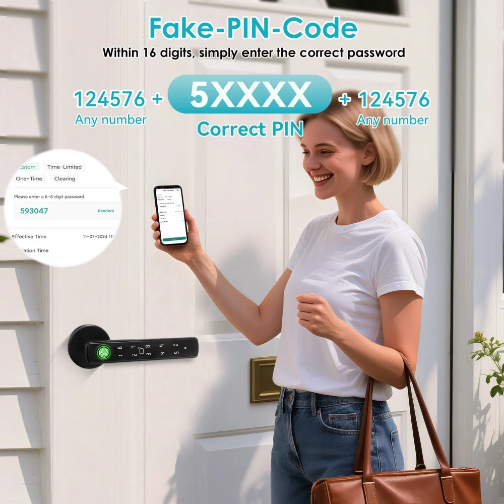 Smart Door Handle Lock 5 Ways to Unlock Fingerprint Password IC Card Key APP Bluetooth Tuya Smart Life Remote Unlock Temp Password Anti-Peep Dual Verify 100K Records Auto Lock Type-C Power Bank for Home Apartment Office Bedroom Black Silver