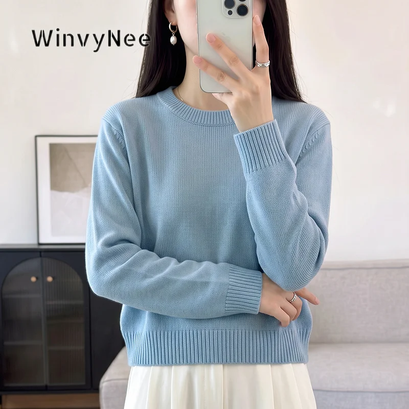 WinvyNee Women Jumper Top 100% Cotton Ribbed Edge Crew Neck Blouse Cropped Fit Office Wear Layering Basics Soft Attire ZA1002063