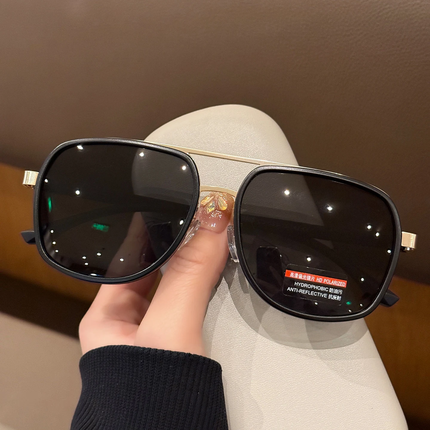 Oculos-de-sol-polarizados-masculinos-modernos-pretos-com-ponte-dupla-estilo-olhos-de-sapo-para-rosto-ande-estilo-piloto