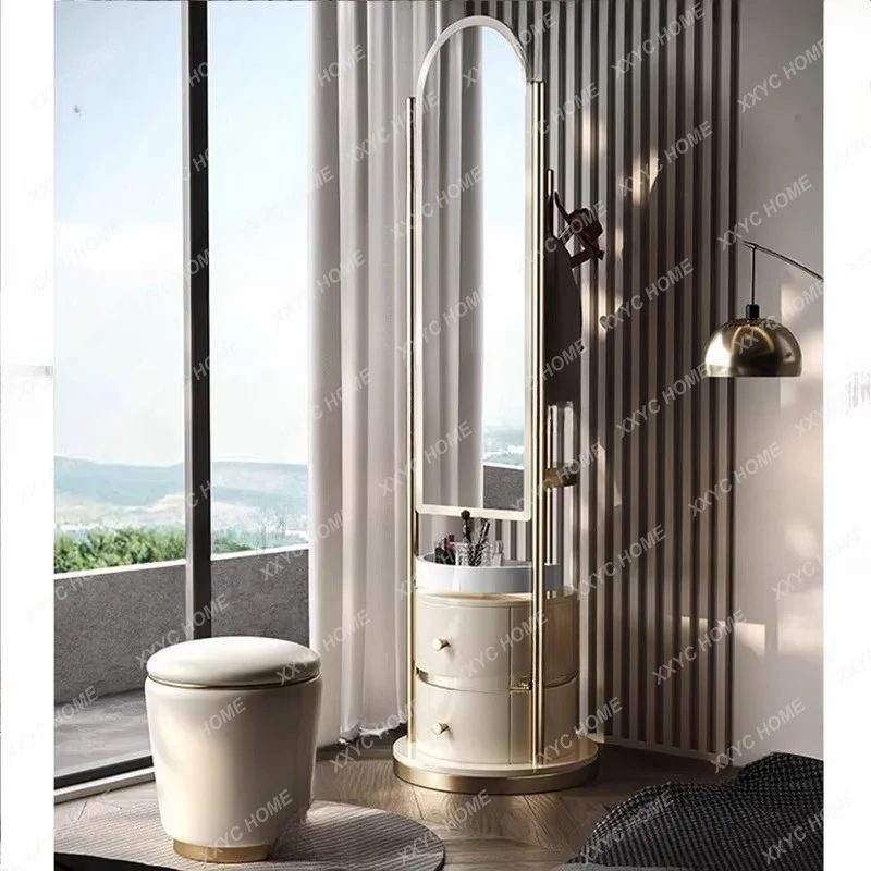 XXfull-body floor coat rack integrated round makeup mirror light luxury rotating fitting mirror