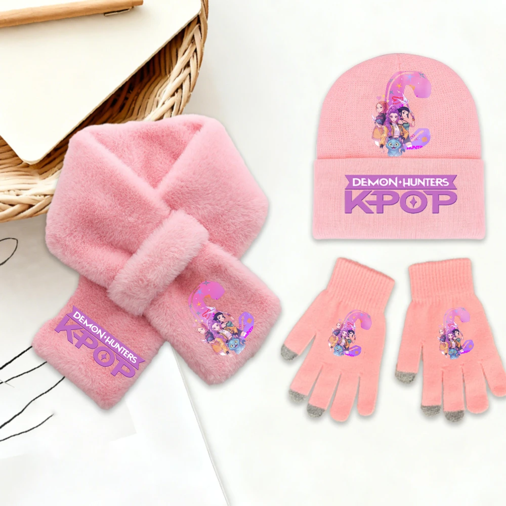 K-Pop Demon Hunters 3Pcs Fashionable Kids Girl Soft Knit Set Winter Warm Hat Scarf Gloves Casual Birthday Gift Accessories - Image 4
