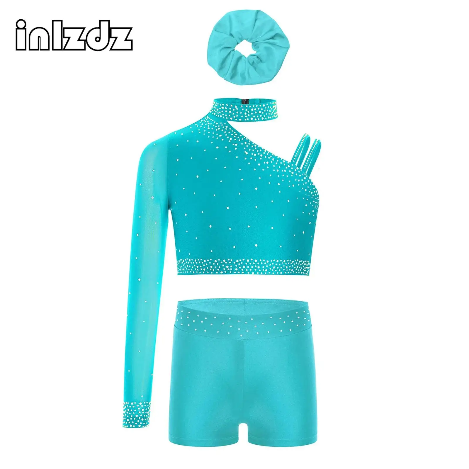 

Sparkly Rhinestones Ballet Dance Outfit Kids Girls Tops Shorts Hairband Suit for Figure Ice Skating Gymnastics Stage Performance