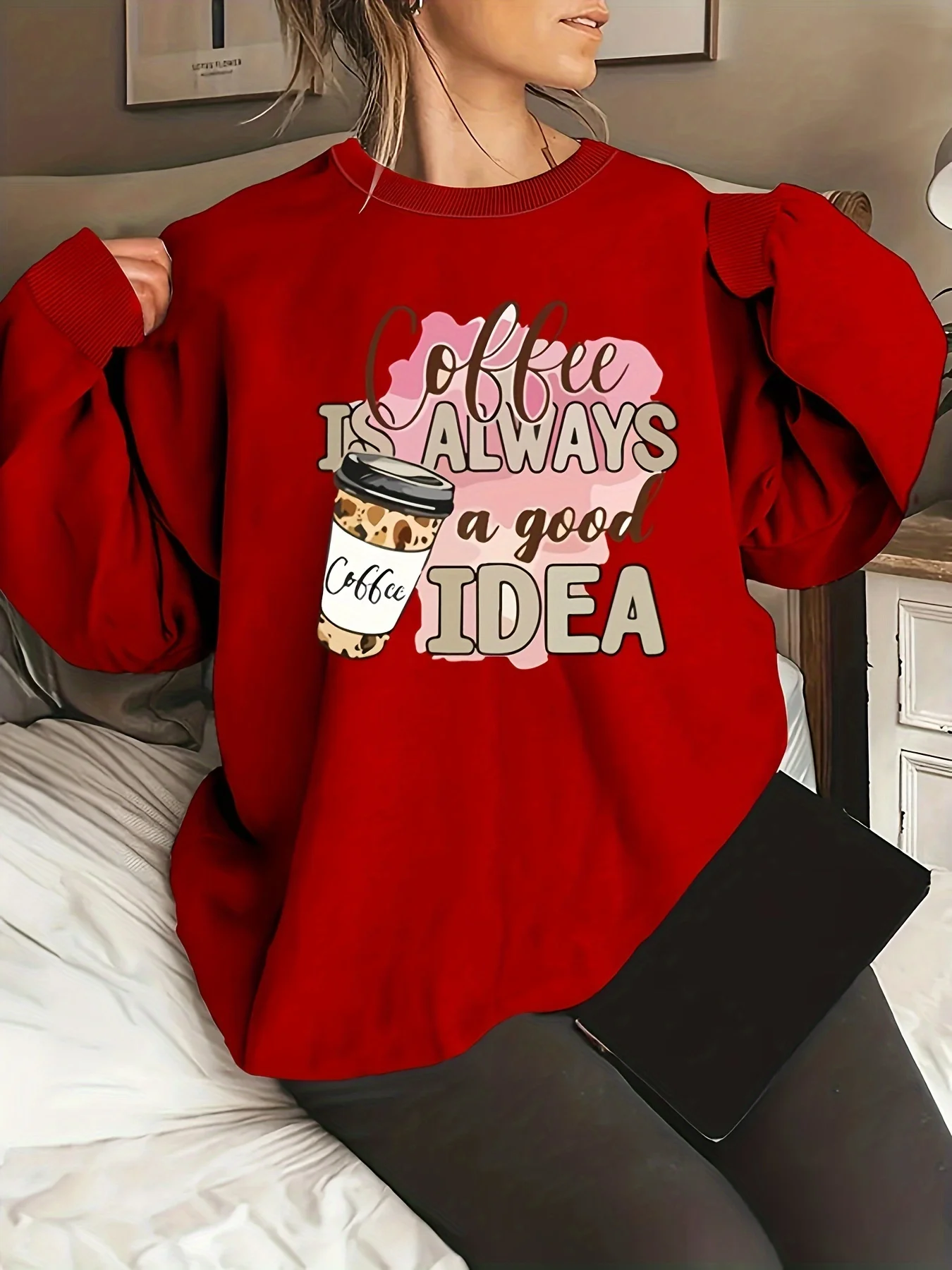 Women's Casual Sweatshirt Print Coffee Cup and Phrase 