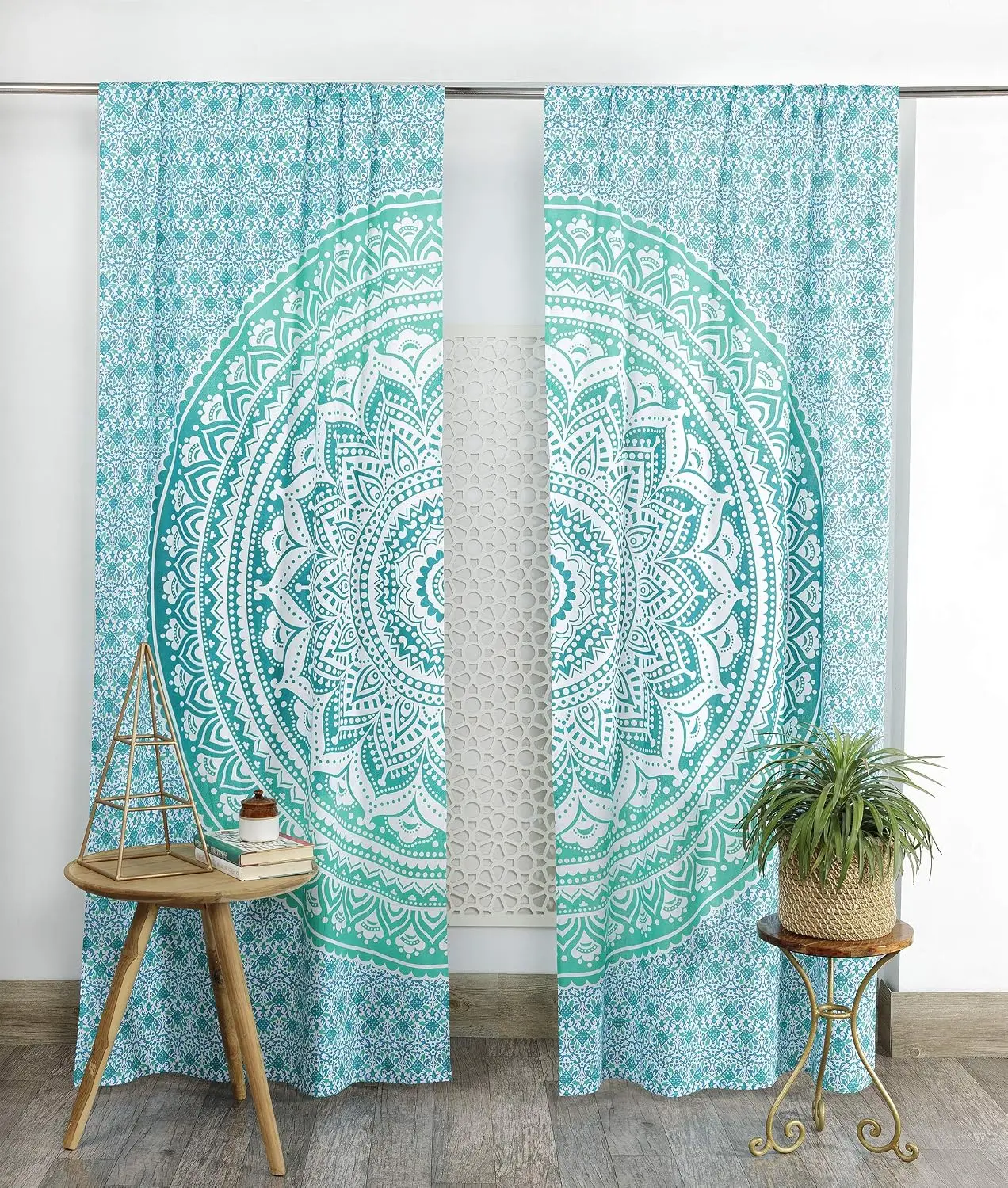 Decorative Mandala Curtains Boho Bohemian Teal Blue Geometric Pattern Pair Window Drapes for Living Room Home