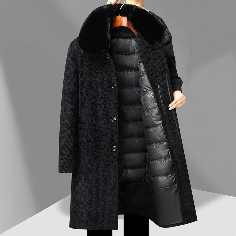 

High Quality Men's Long-Length Duck Down Liner Woolen Coats Business Casual Warm Fur Collar Windbreaker Jackets Thicken Overcoat