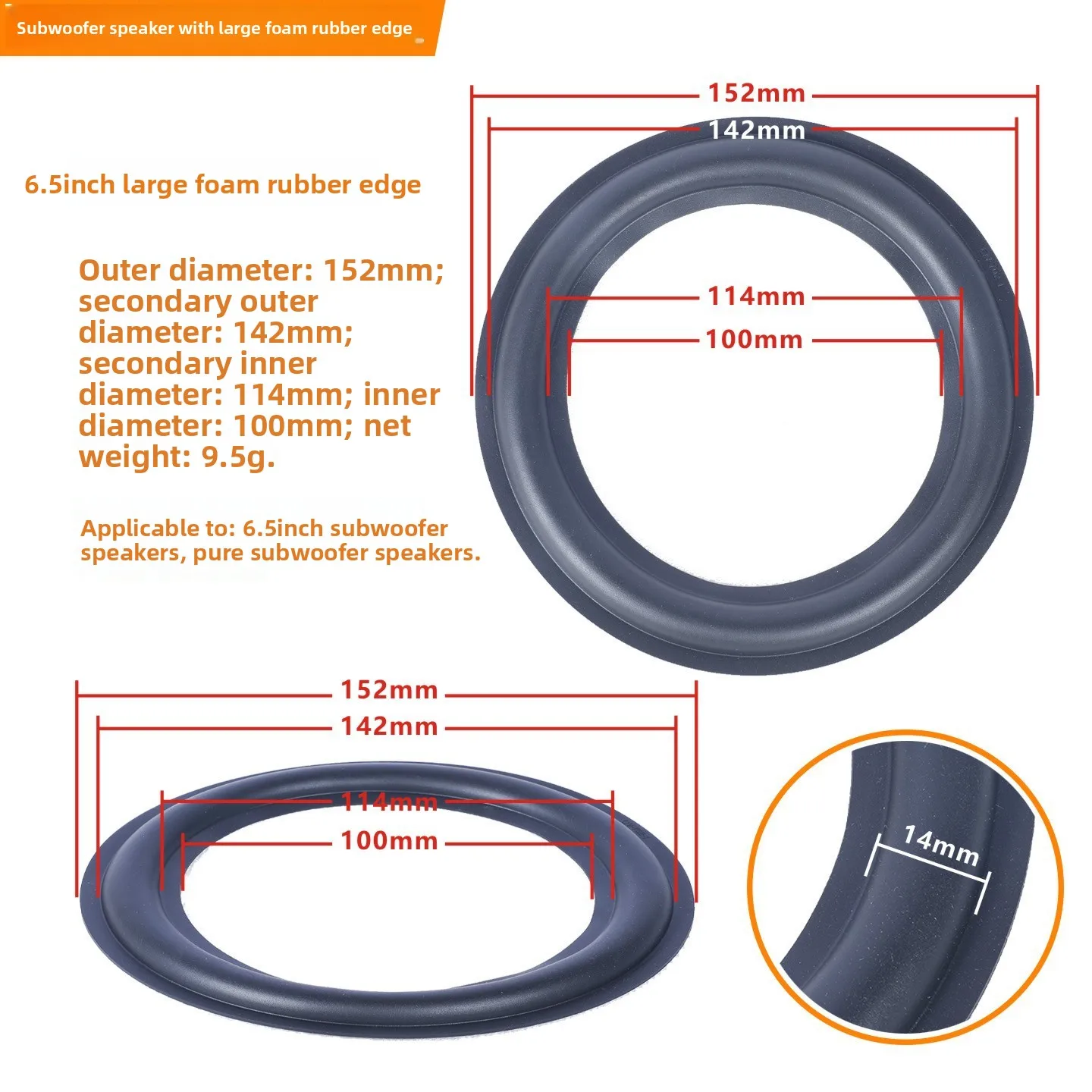 MW Audio, set van 2 rubberen randen voor luidsprekers, 6,5"/8"/10"/12", reparatieband voor de rand van een subwoofer.