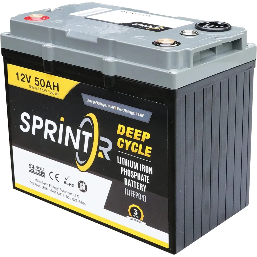 

SPRINTR 12V 50AH Lithium Iron Phosphate LiFePO4 Deep Cycle Battery with Built-In Charge Meter – Ideal for Golf Carts, RVs, ATVs,