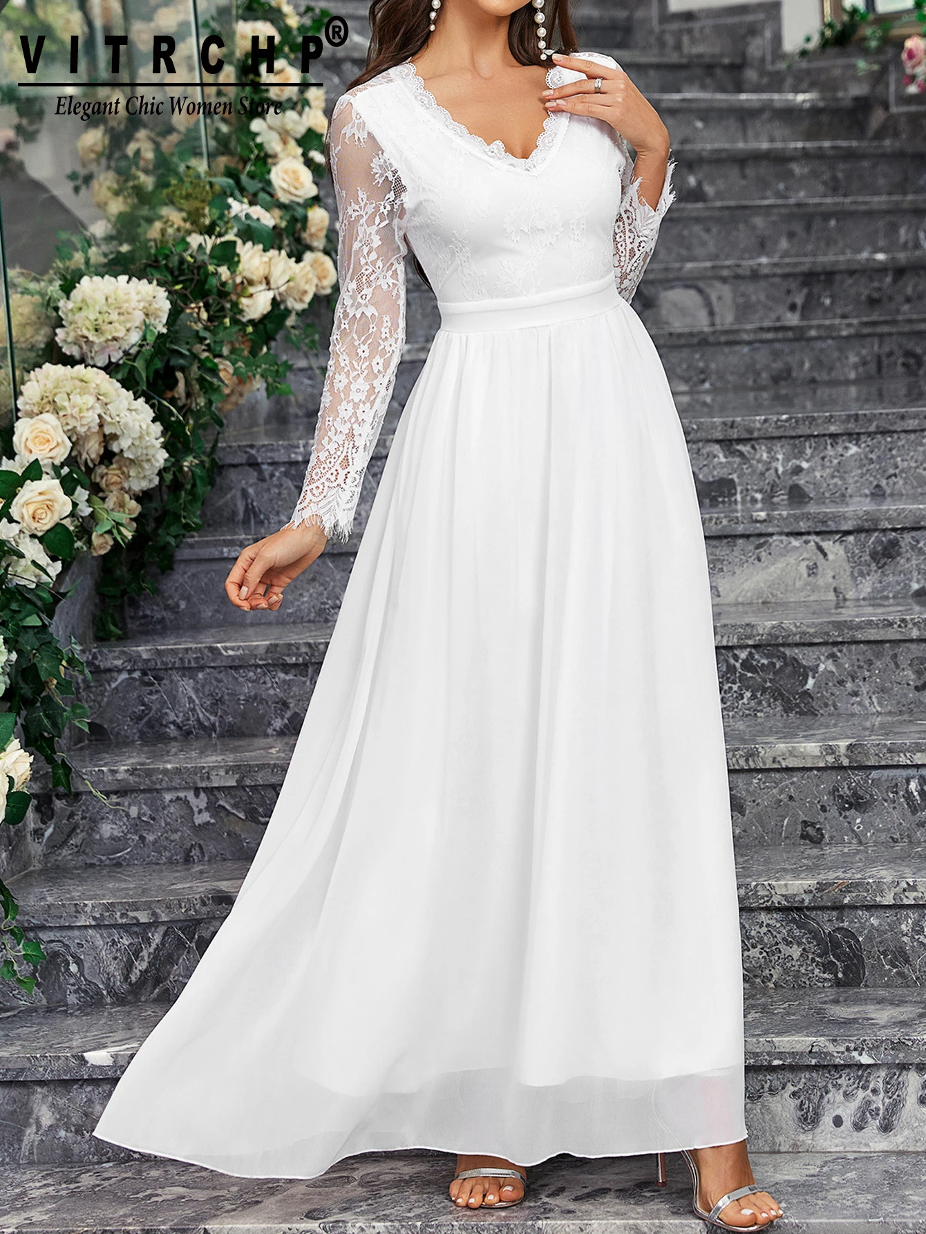 VITRCHP Beach Long Dresses For Women Women Floral Lace Maxi Dress Long Sleeve V Neck Bridesmaid Wedding Evening Summer Dress