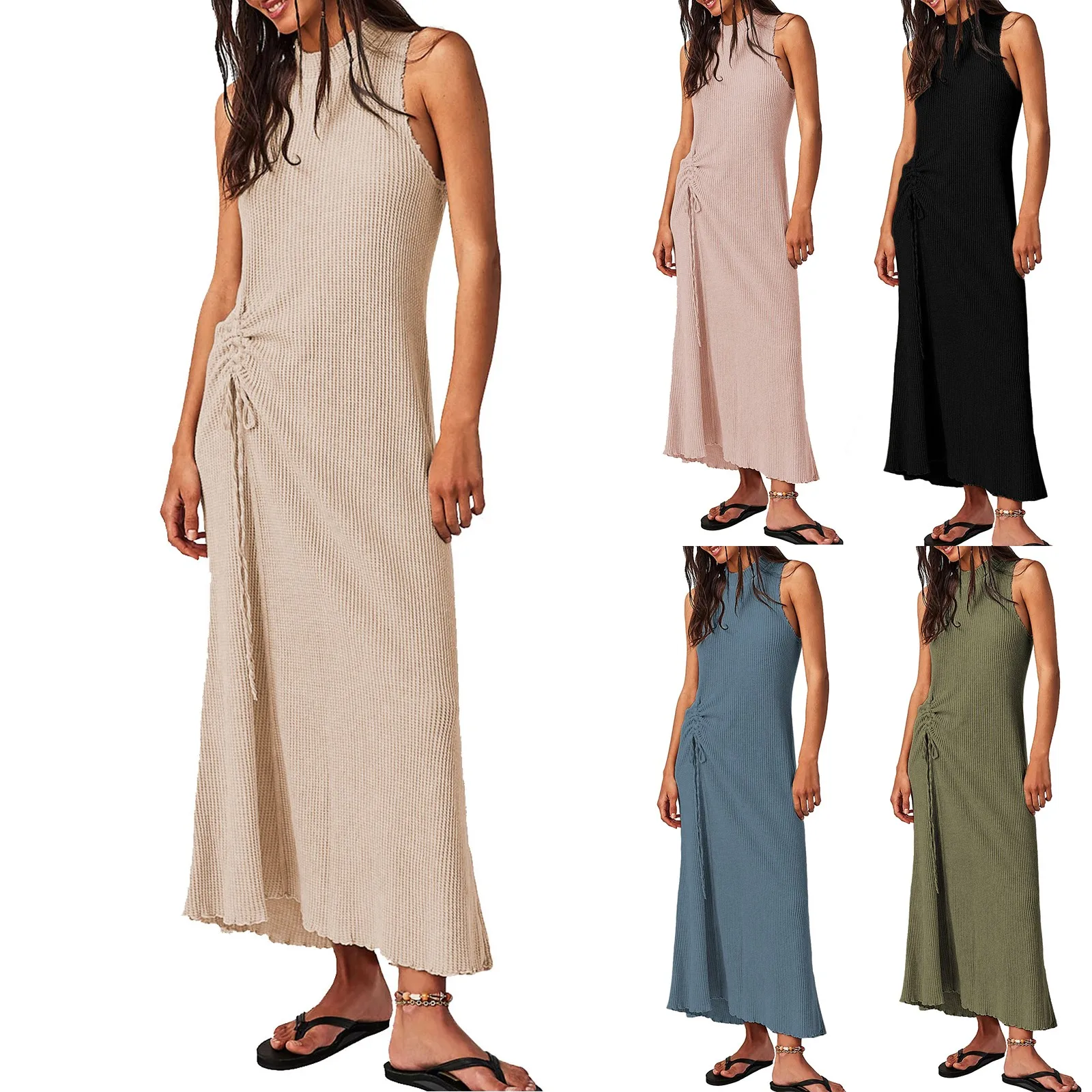 Women Dress Knitted Tank Top Long Dress Round Collar Solid Sleeveless Pleasantly Slim Fit Dress Drawstring Pleated Embellished