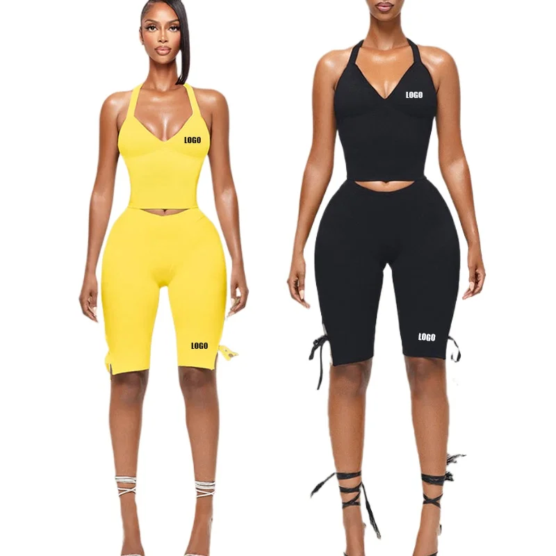 Customized LOGO women's clothing spring and summer neck strap tube top backless bow pants edge two-piece set