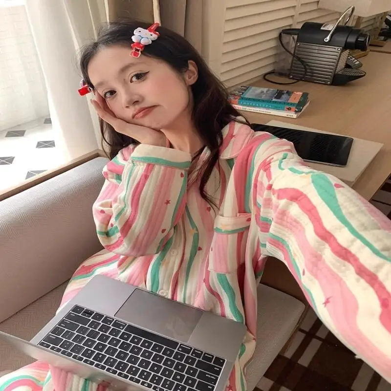 여성용 파자마 세트, 따뜻한 겨울 파자마, 패셔너블한 홈웨어, 귀엽고 부드러운 파자마 세트, 달콤한 무지개 색상