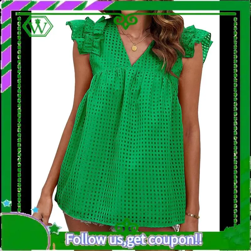 A18P-เสื้อสตรีคอวีRuffle Babydoll - Sheer Peplum Top, Flowy Casual Loose Fit,เสื้อฤดูร้อนของผู้หญิง