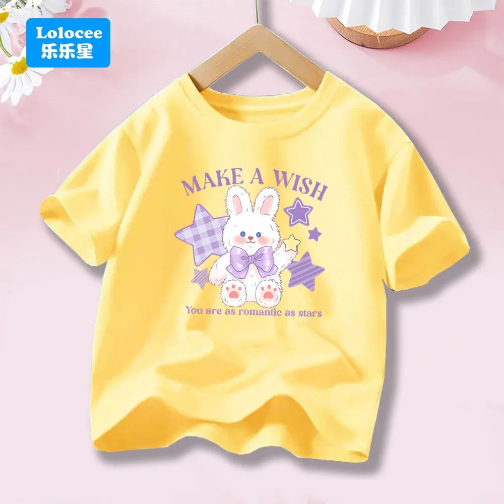 Girls' O-neck Cute Bunny & Stars Print Crew Neck T-Shirt Casual Short Sleeve Cute Rabbit Print Summer Top Tee XXX01