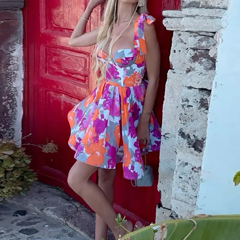 Robe courte d'été pour vacances en bord de mer, taille haute, Sexy, col licou, sans manches, ajourée, Mini robe élégante, dos nu, imprimée, robe trapèze