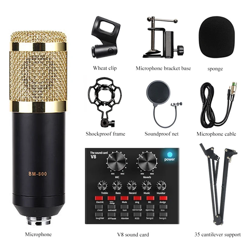 BM 800 Professional Audio V8 Sound Card Set  Mic Studio Condenser Microphone For Karaoke Podcast Recording Live Streaming BM800