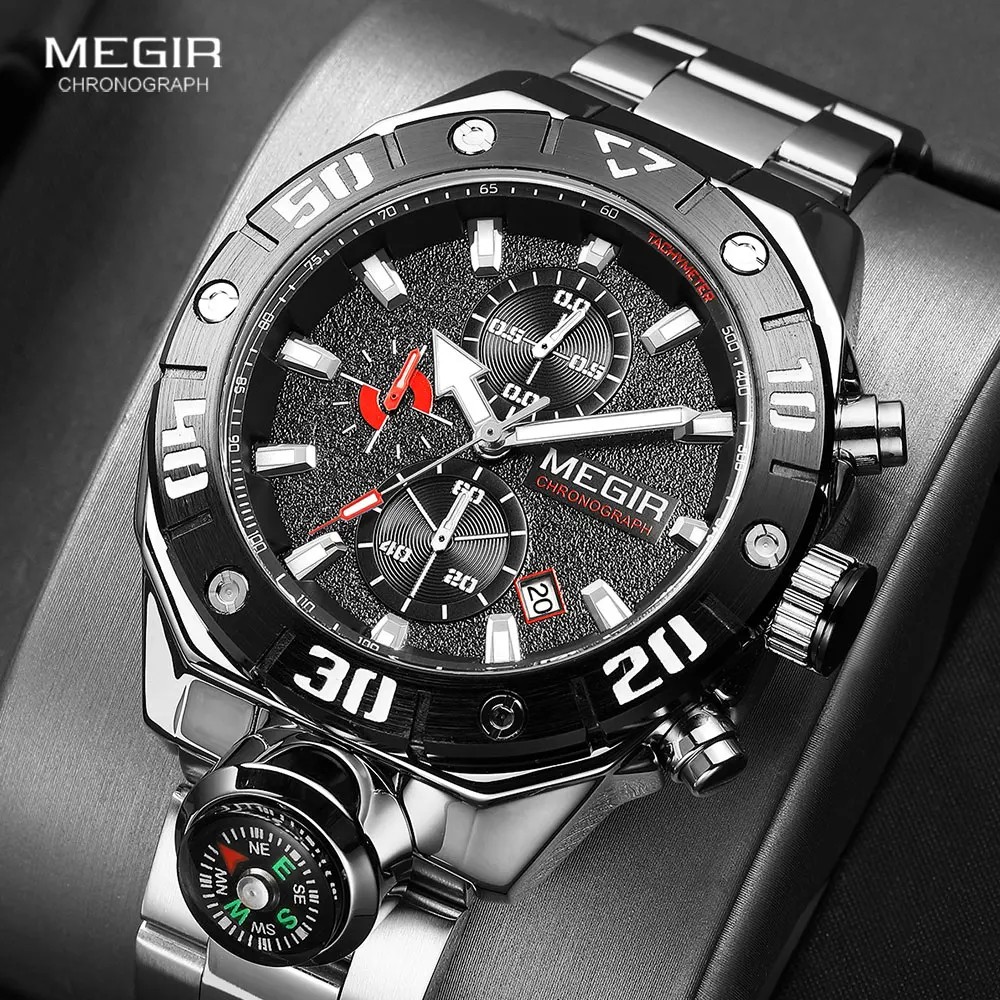 MEGIR Silver Quartz Watch Men Waterproof Luminous Sport Chronograph Wristwatch with Decorative Compass Date Stainless Steel Band