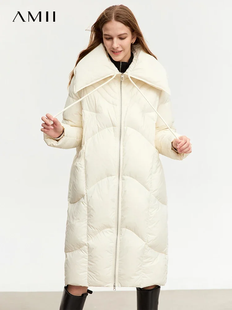 

AMII New Chinese Down Jacket for Women 2023 Long Warm Puff Read Coat White Duck Down Lapel Trendy Winter Outerwear 12344035