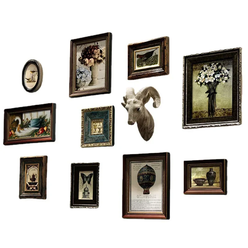 9-21/set American Retro Home Wall Hanging Deer Head Art Oil Painting Photo Solid Wood Photo Frame Wall Ornament Home Decoration