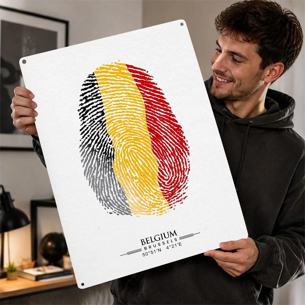 Belgium Flag Fingerprint Textured Metal Poster Graphic Wall Art For Home Office Personalized Aluminum Sign Geography Fan Gift