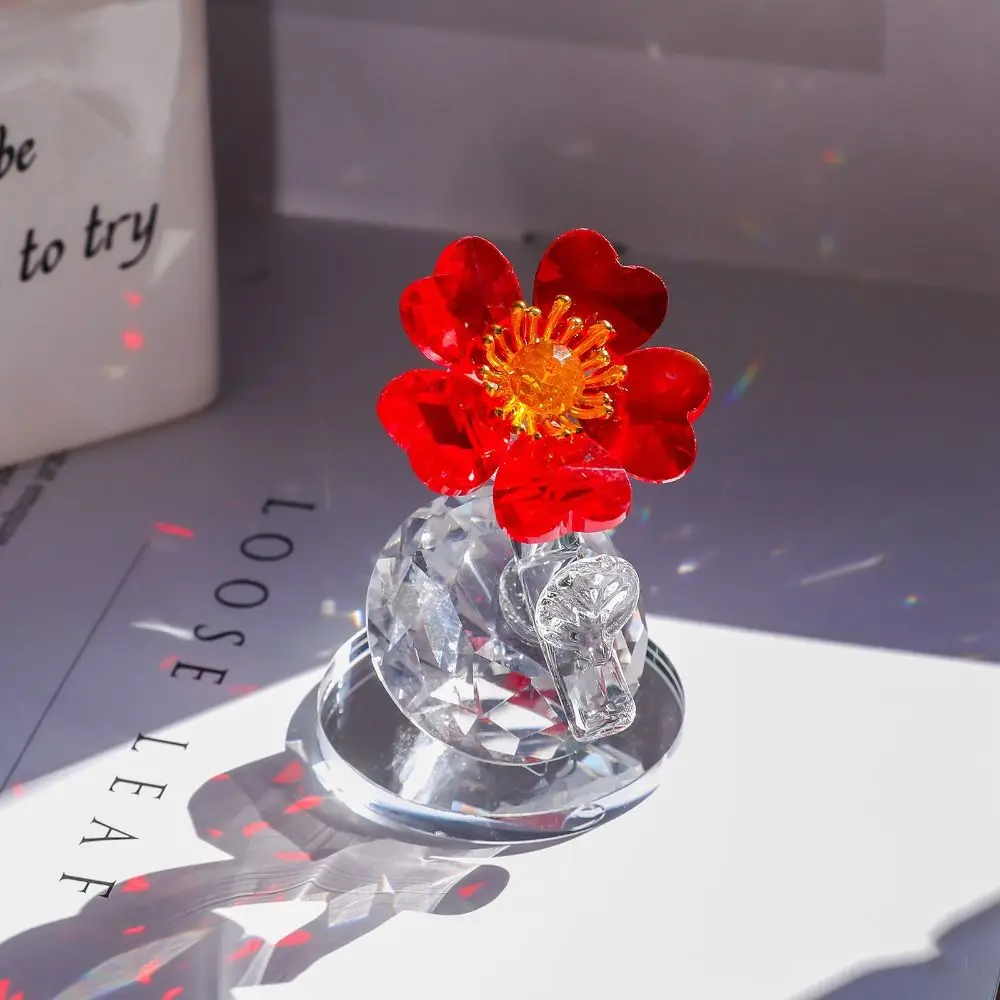Handcraft Crystal Flower Statue Clear Base Ornament Mini Glass Flower Sculpture Gift Shiny Tabletop Plants Suncatcher